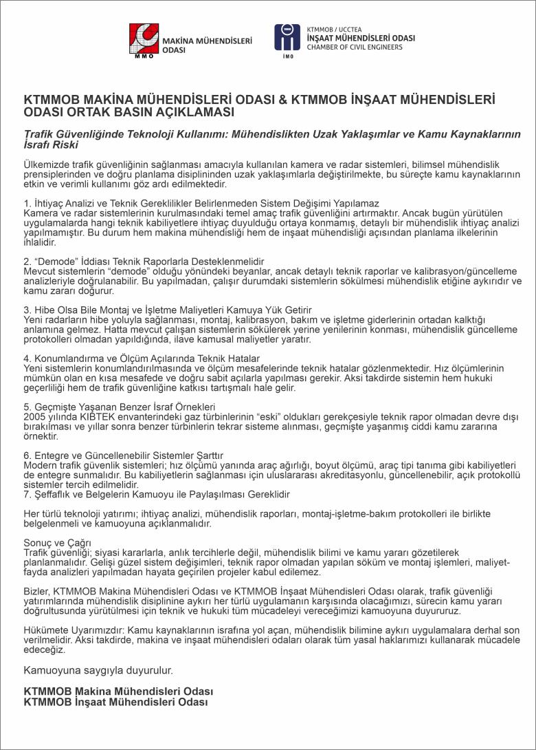 KTMMOB MAKİNA MÜHENDİSLERİ ODASI & KTMMOB İNŞAAT MÜHENDİSLERİ ODASI
ORTAK BASIN AÇIKLAMASI